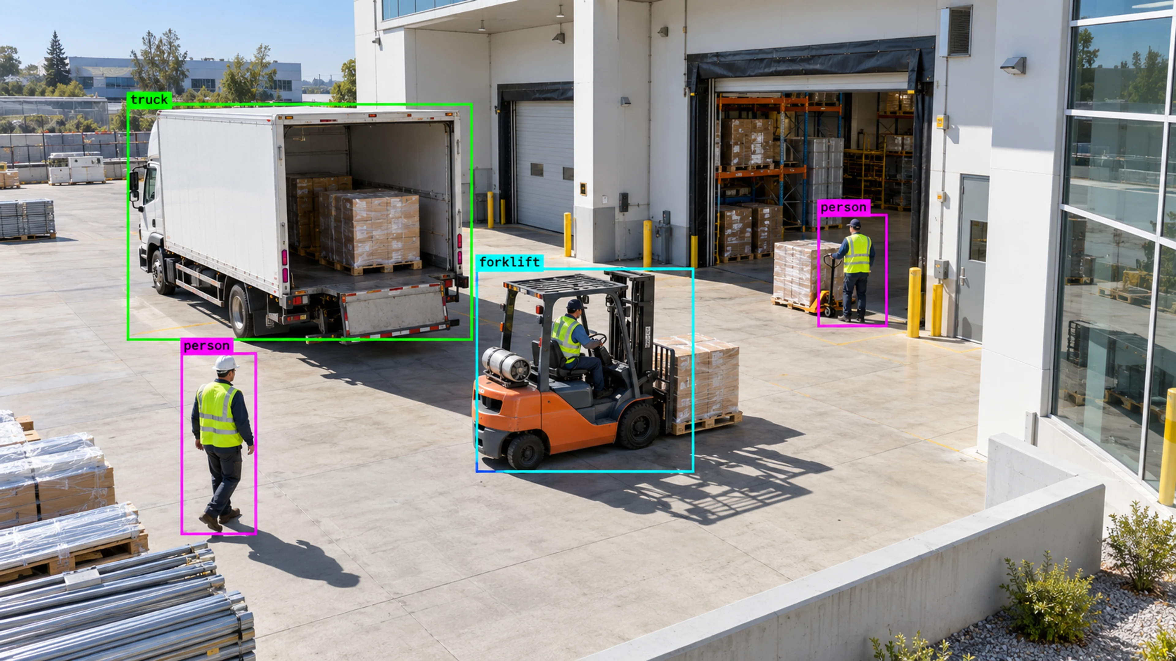 Warehouse loading area with workers, storage and a forklift. Illustrative object detections.