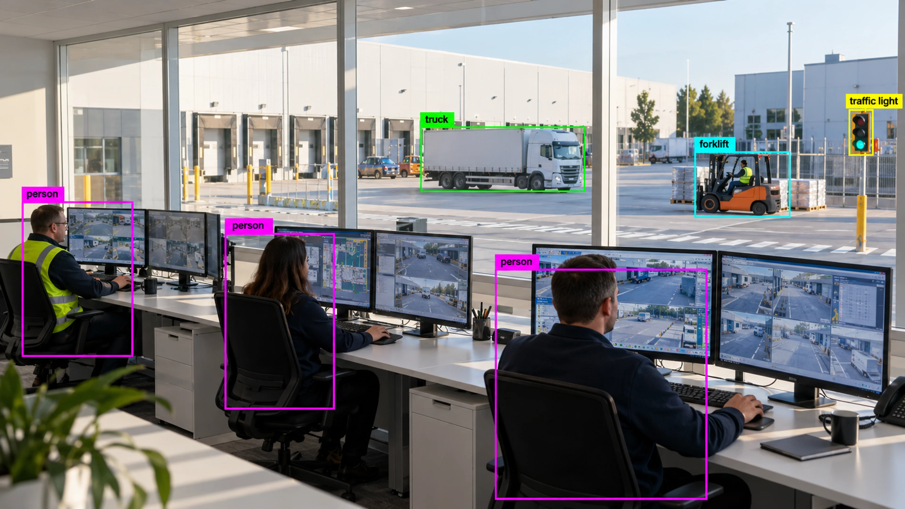 Operations staff reviewing camera views at monitoring workstations. Illustrative object detections.