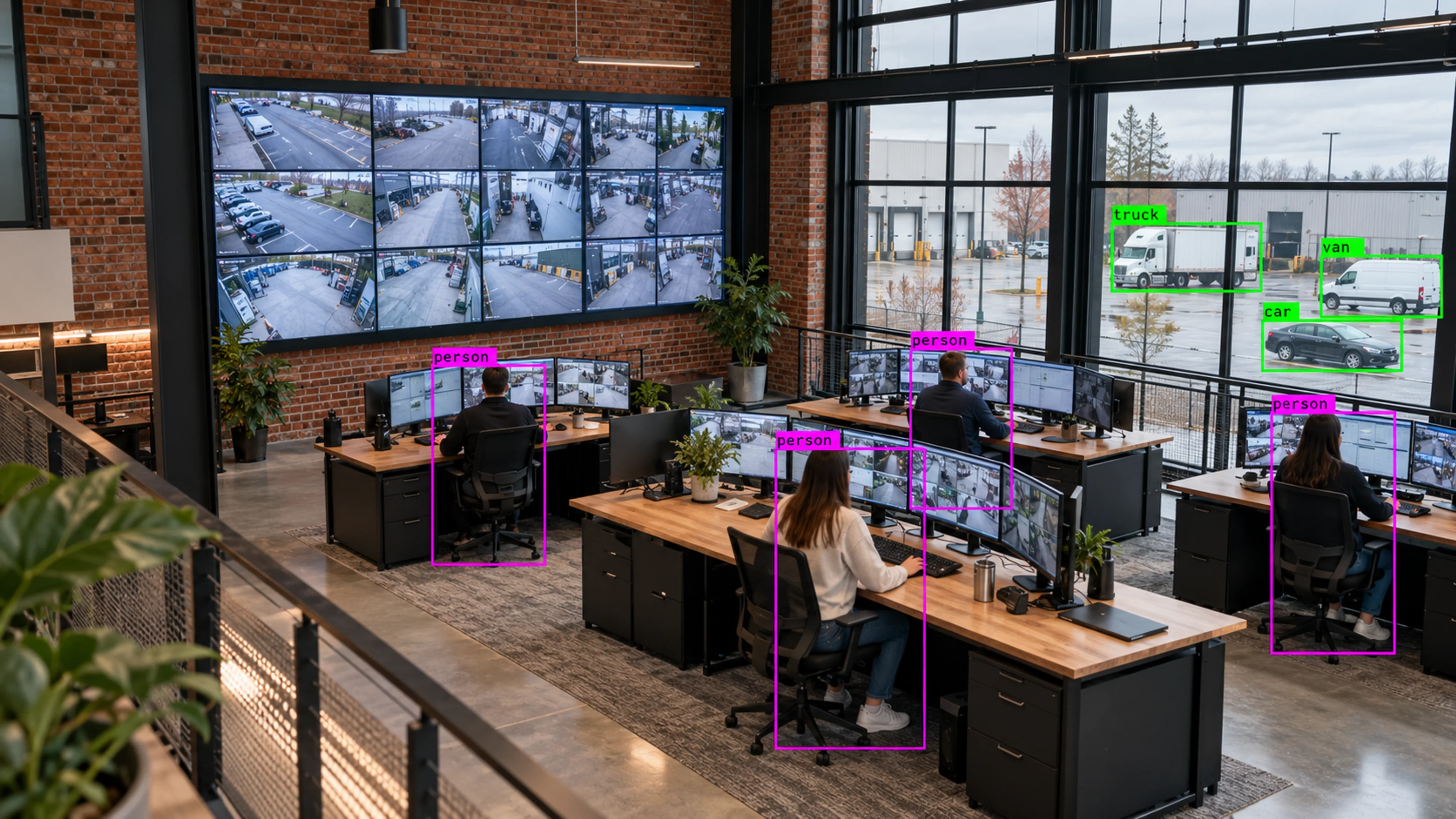 Operations staff reviewing camera views at monitoring workstations. Illustrative object detections.