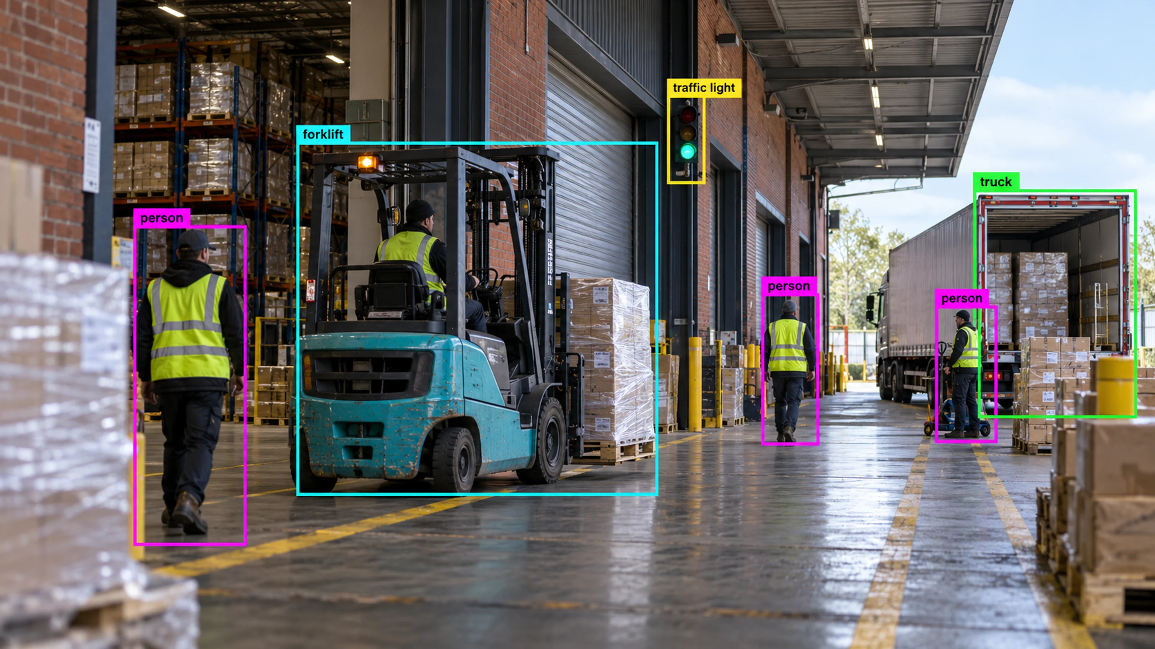 Warehouse loading area with workers, storage and a forklift. Illustrative object detections.