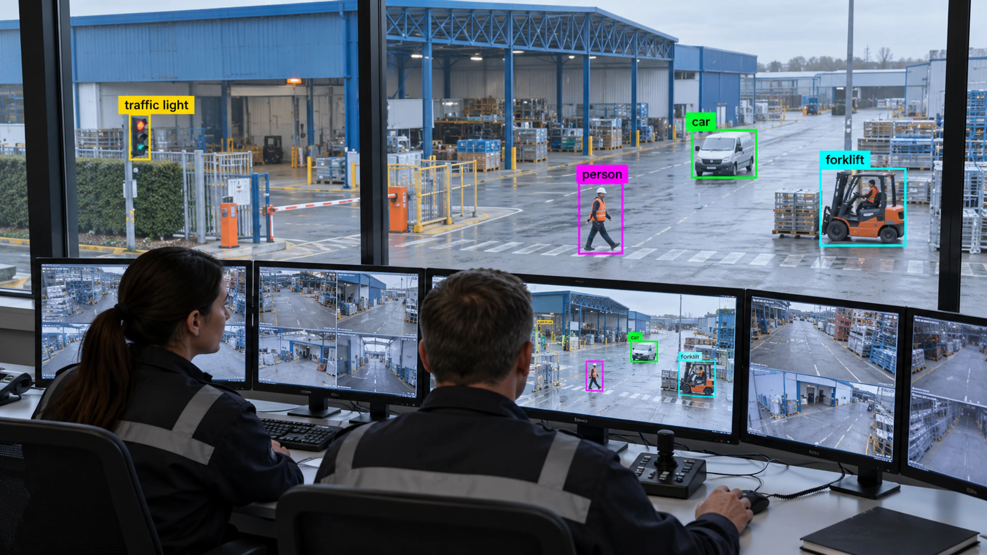 Operations staff reviewing camera views at monitoring workstations. Illustrative object detections.