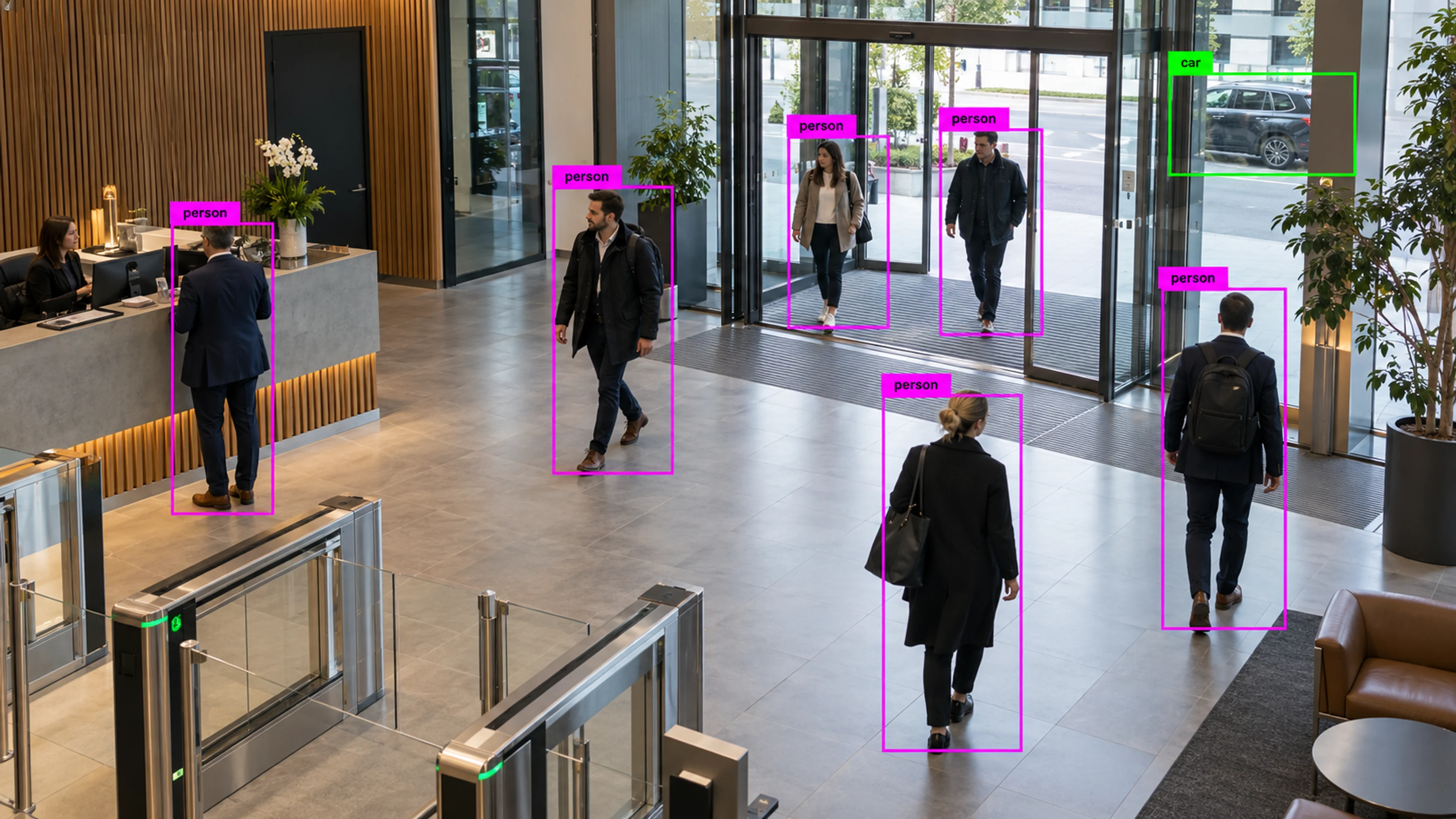 Commercial building circulation area with people walking through the entrance. Illustrative object detections.