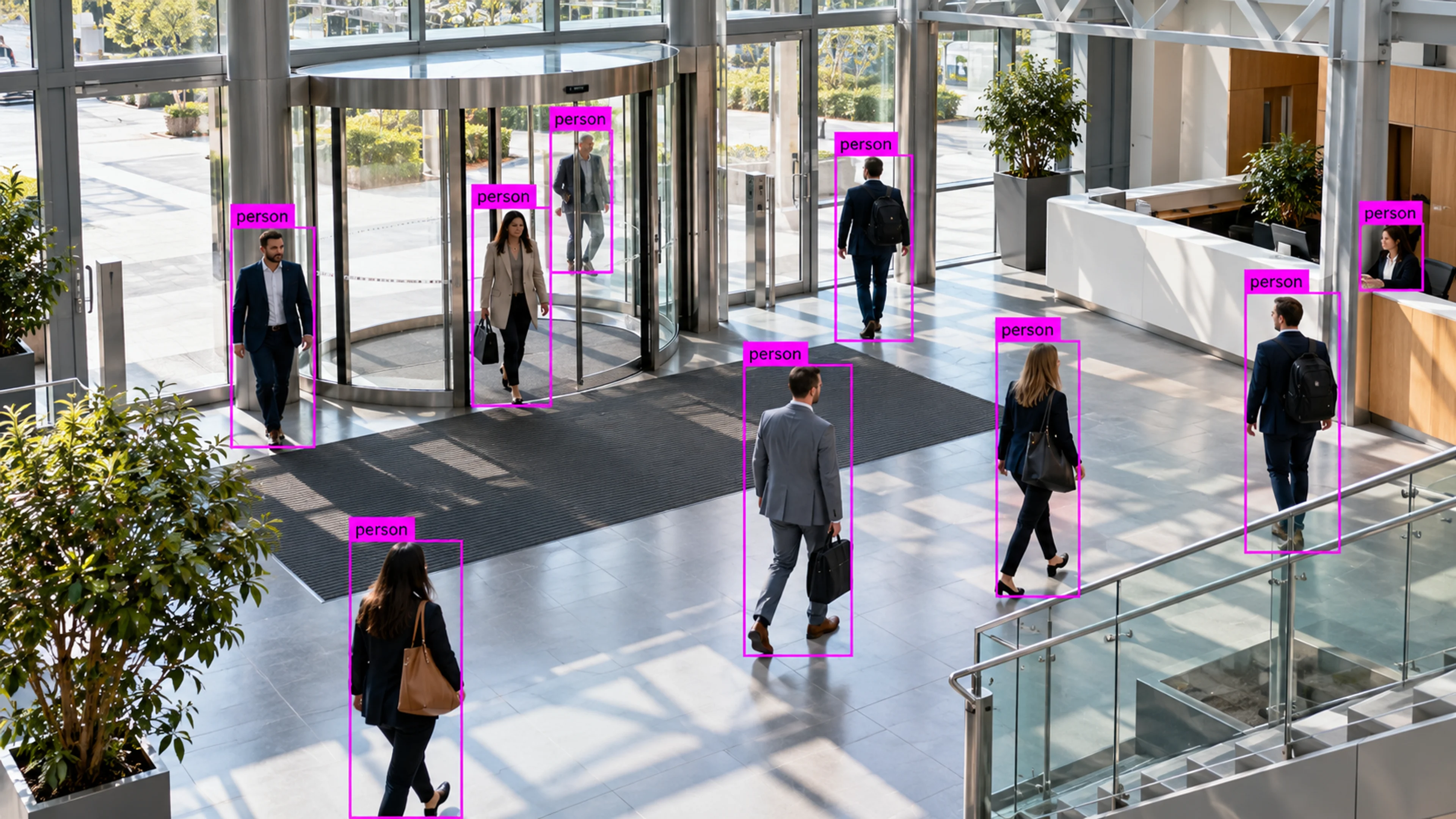 Commercial building circulation area with people walking through the entrance. Illustrative object detections.