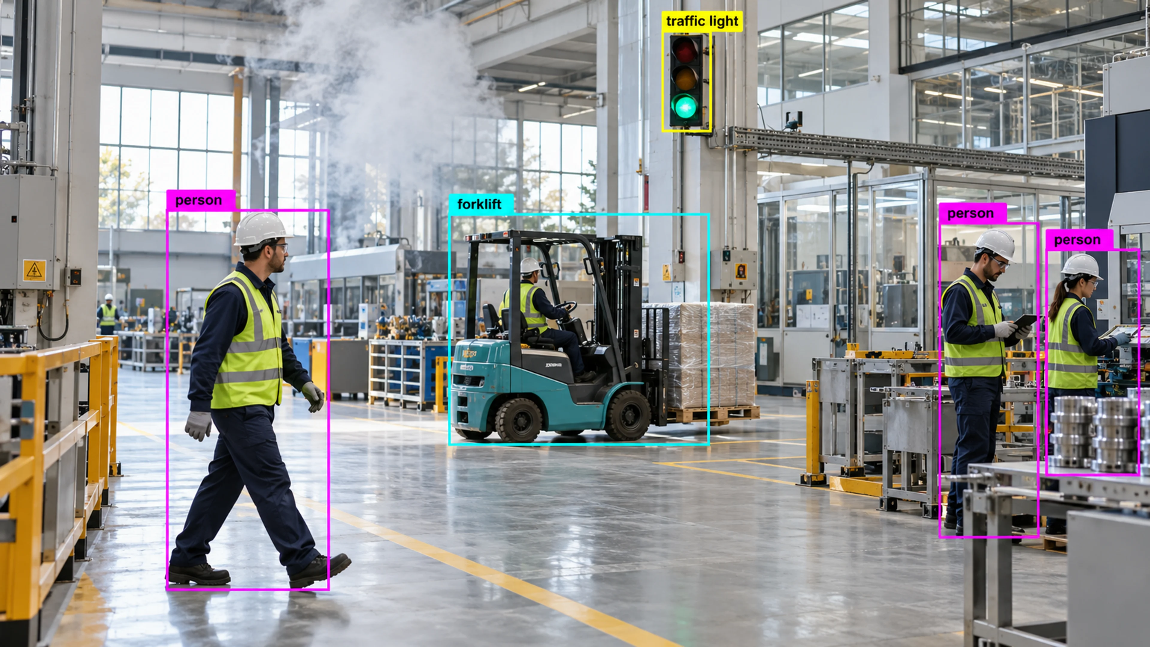 Factory production area with technicians and industrial machinery. Illustrative object detections.
