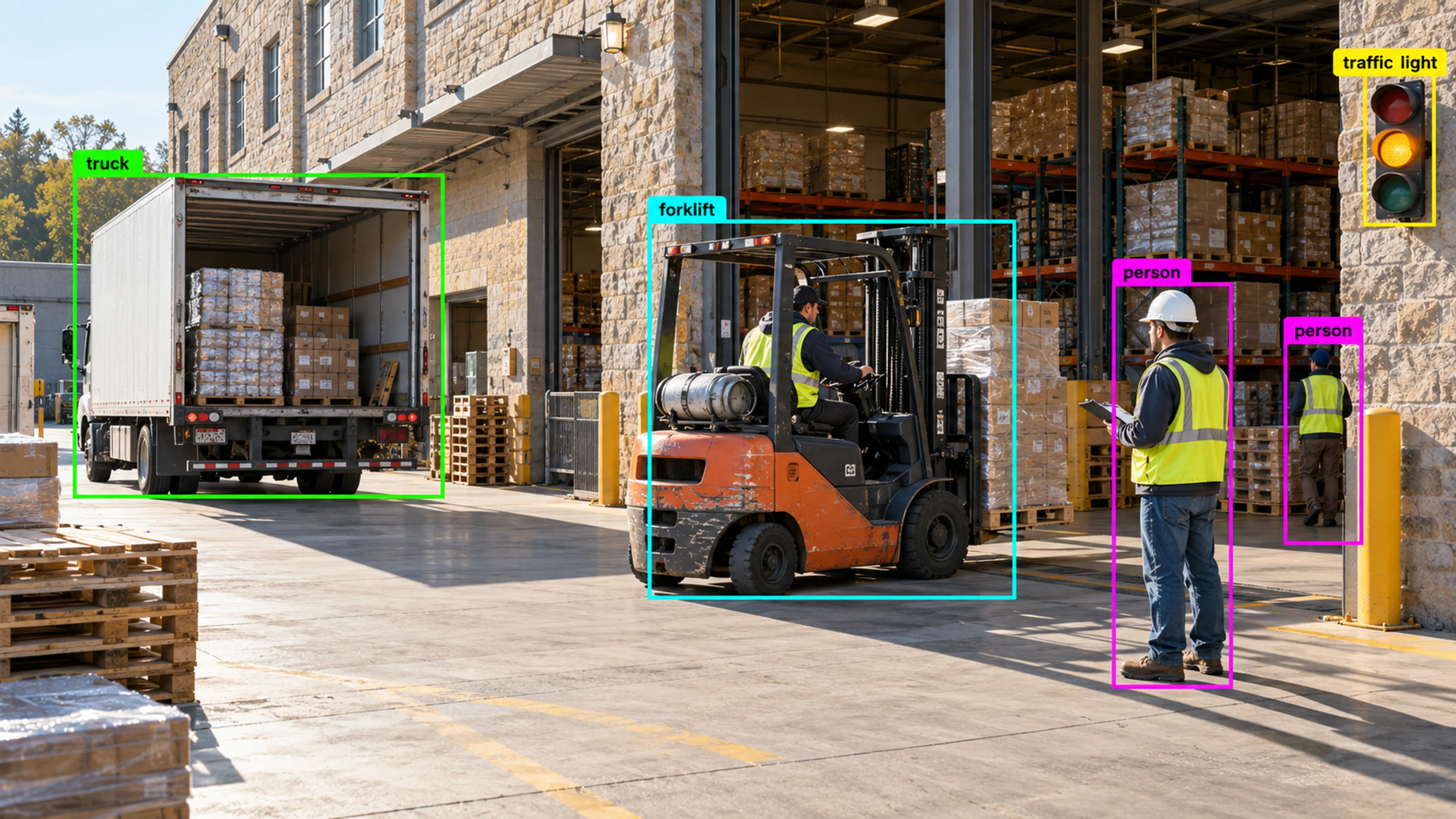 Warehouse loading area with workers, storage and a forklift. Illustrative object detections.