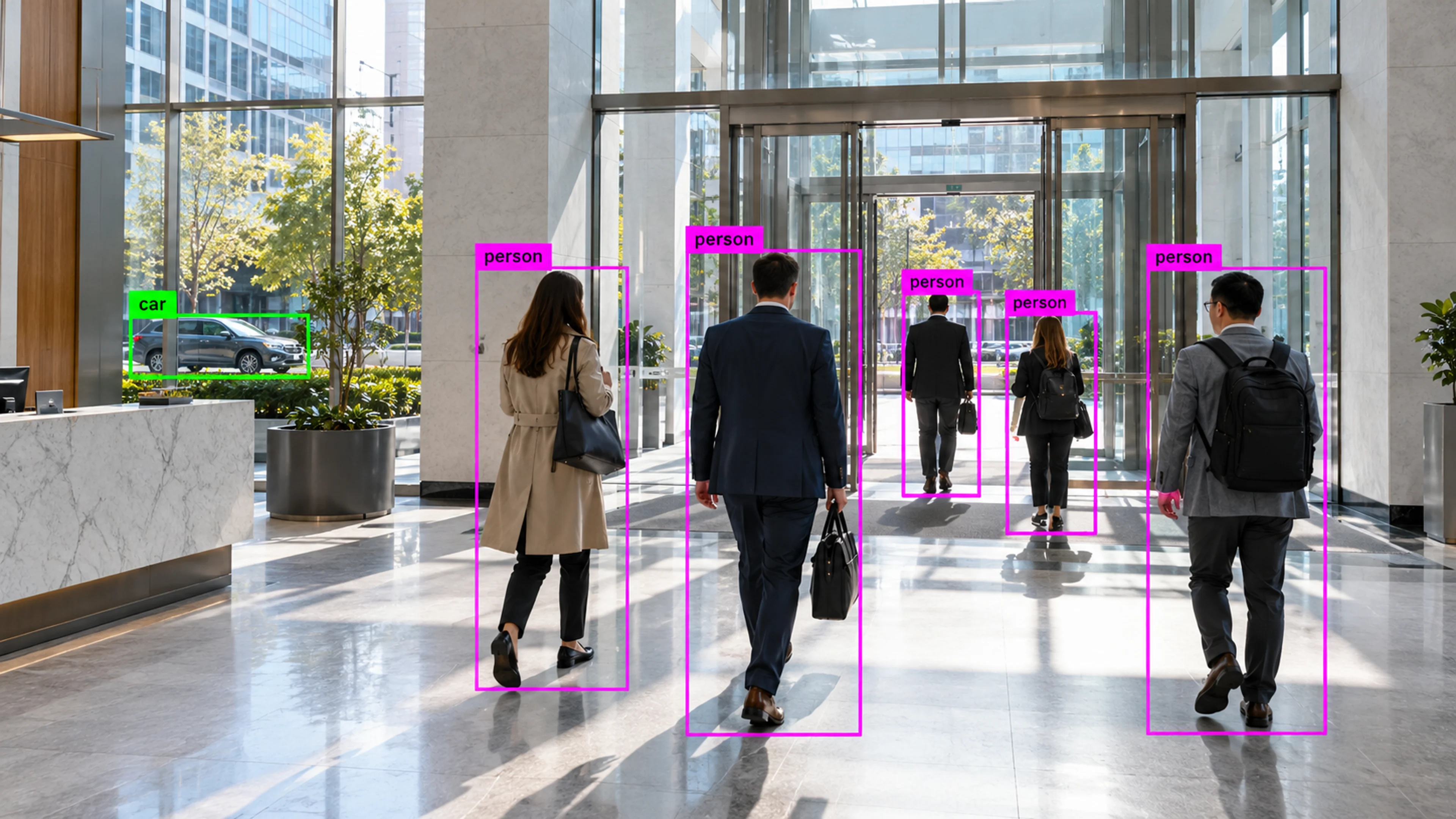 Commercial building circulation area with people walking through the entrance. Illustrative object detections.