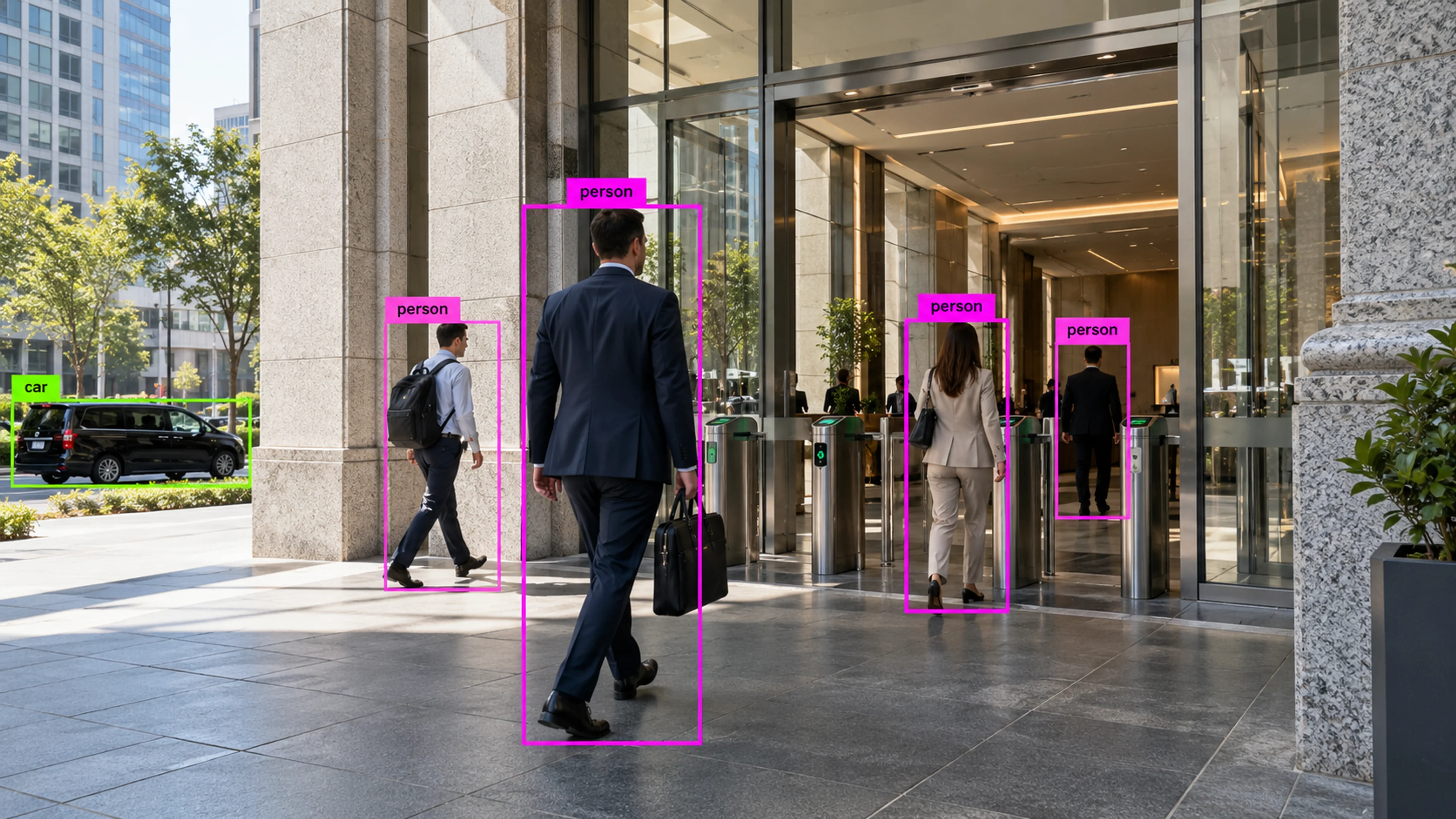 Commercial building circulation area with people walking through the entrance. Illustrative object detections.