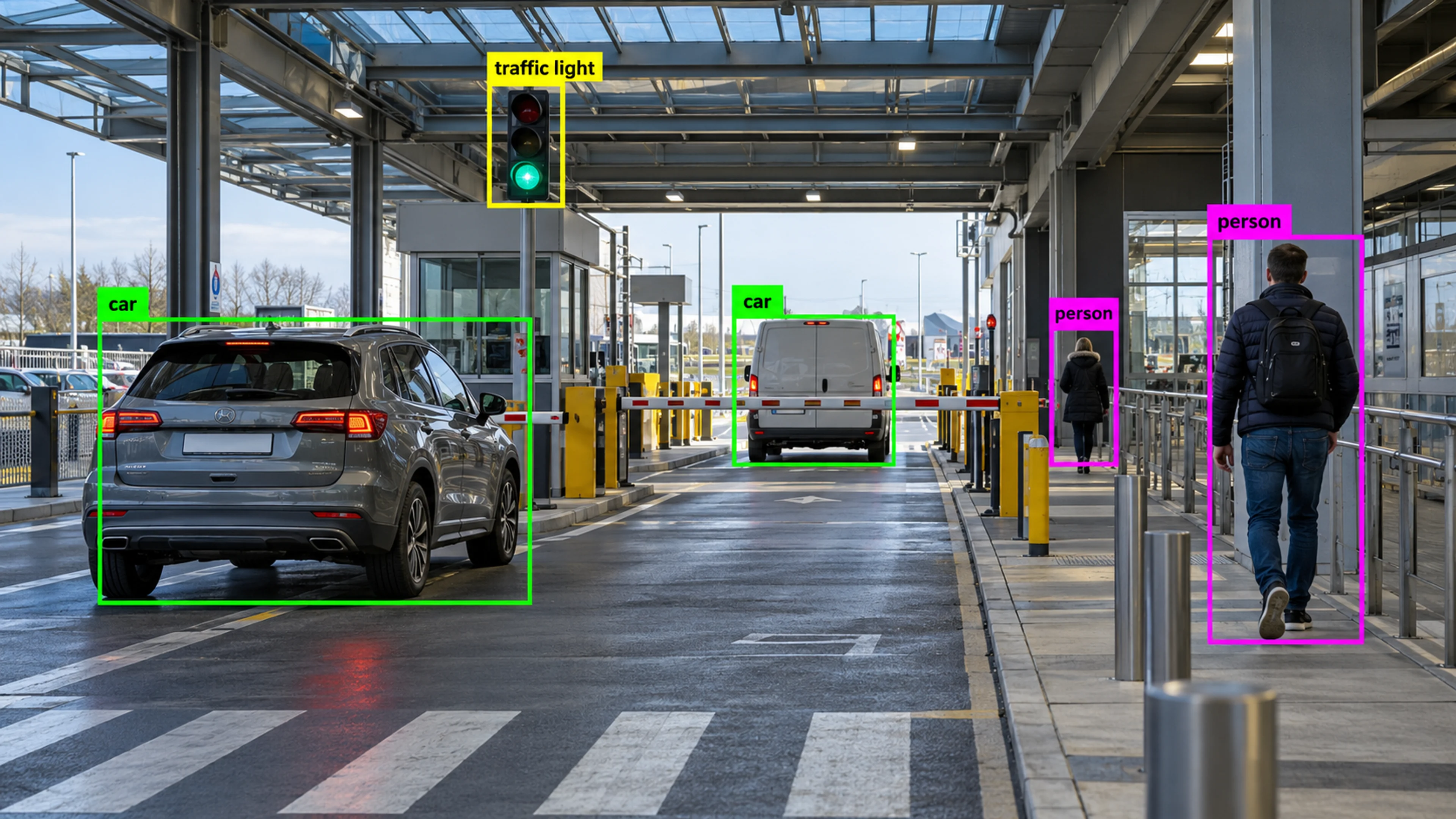 Vehicle access area with cars and a separate pedestrian route. Illustrative object detections.