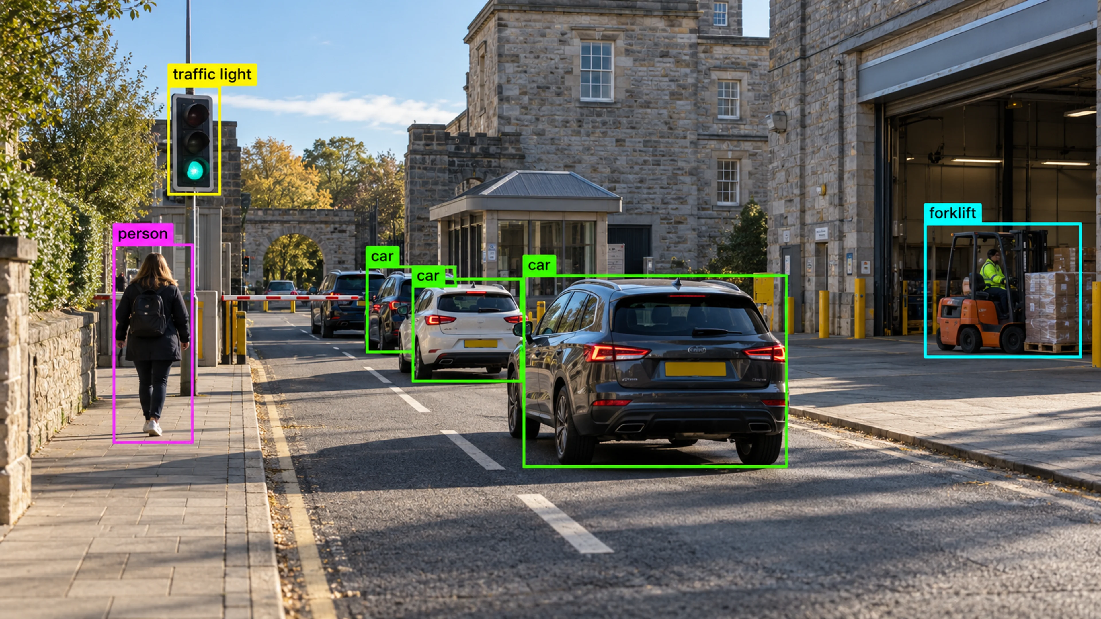 Vehicle access area with cars and a separate pedestrian route. Illustrative object detections.