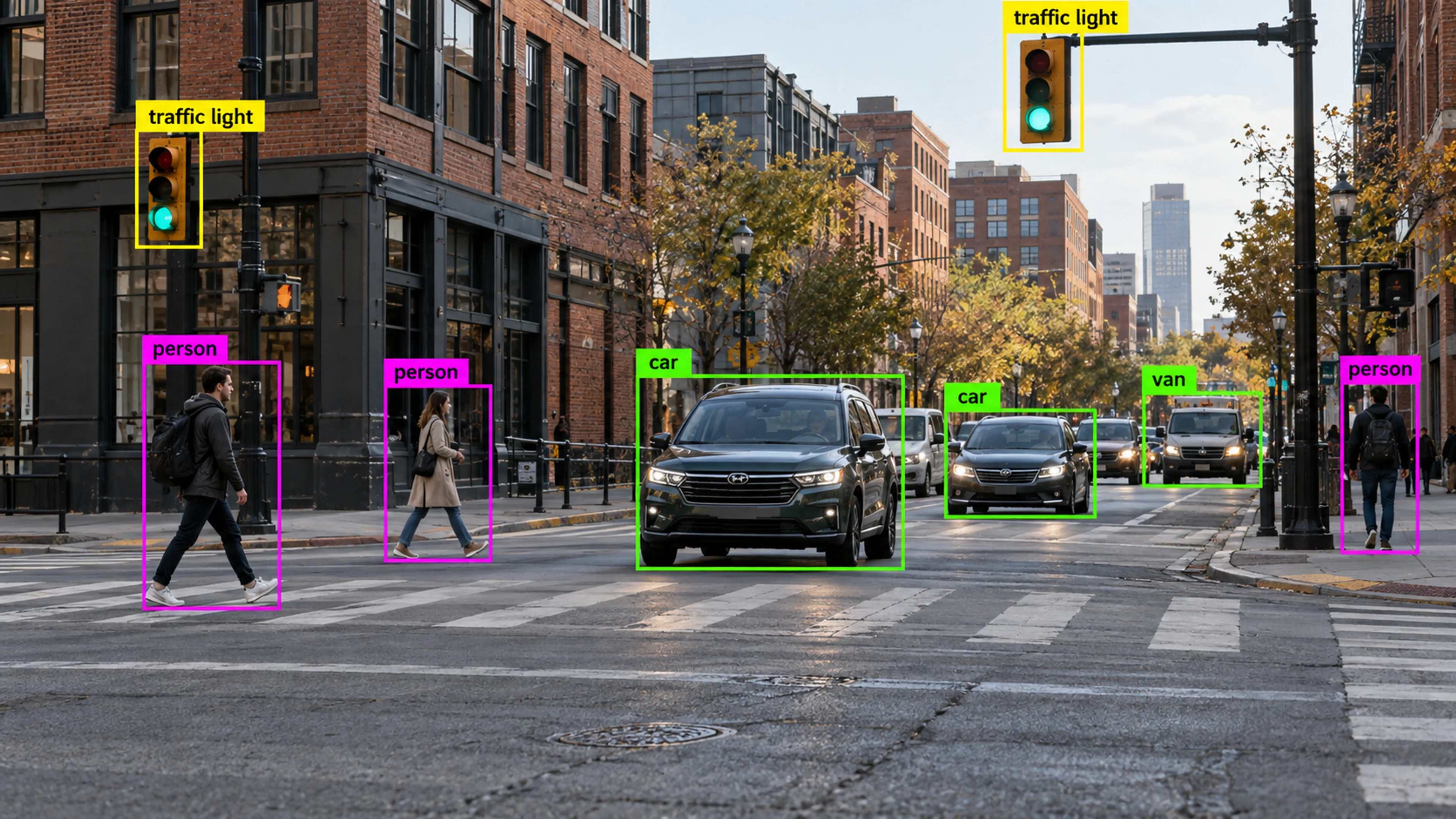 Urban intersection with vehicles, pedestrians and traffic lights. Illustrative object detections.