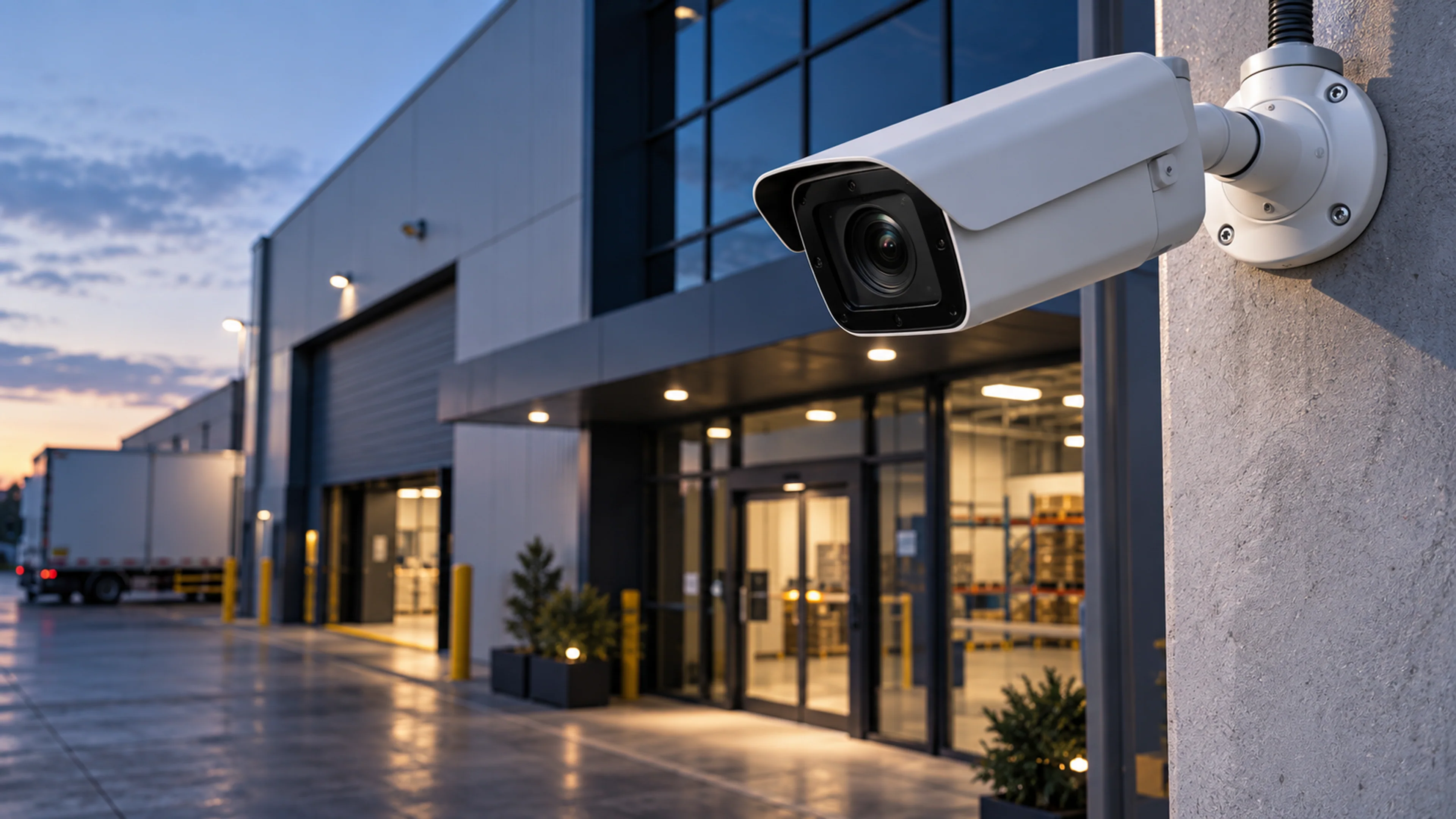 Professional network security camera installed above an industrial entrance