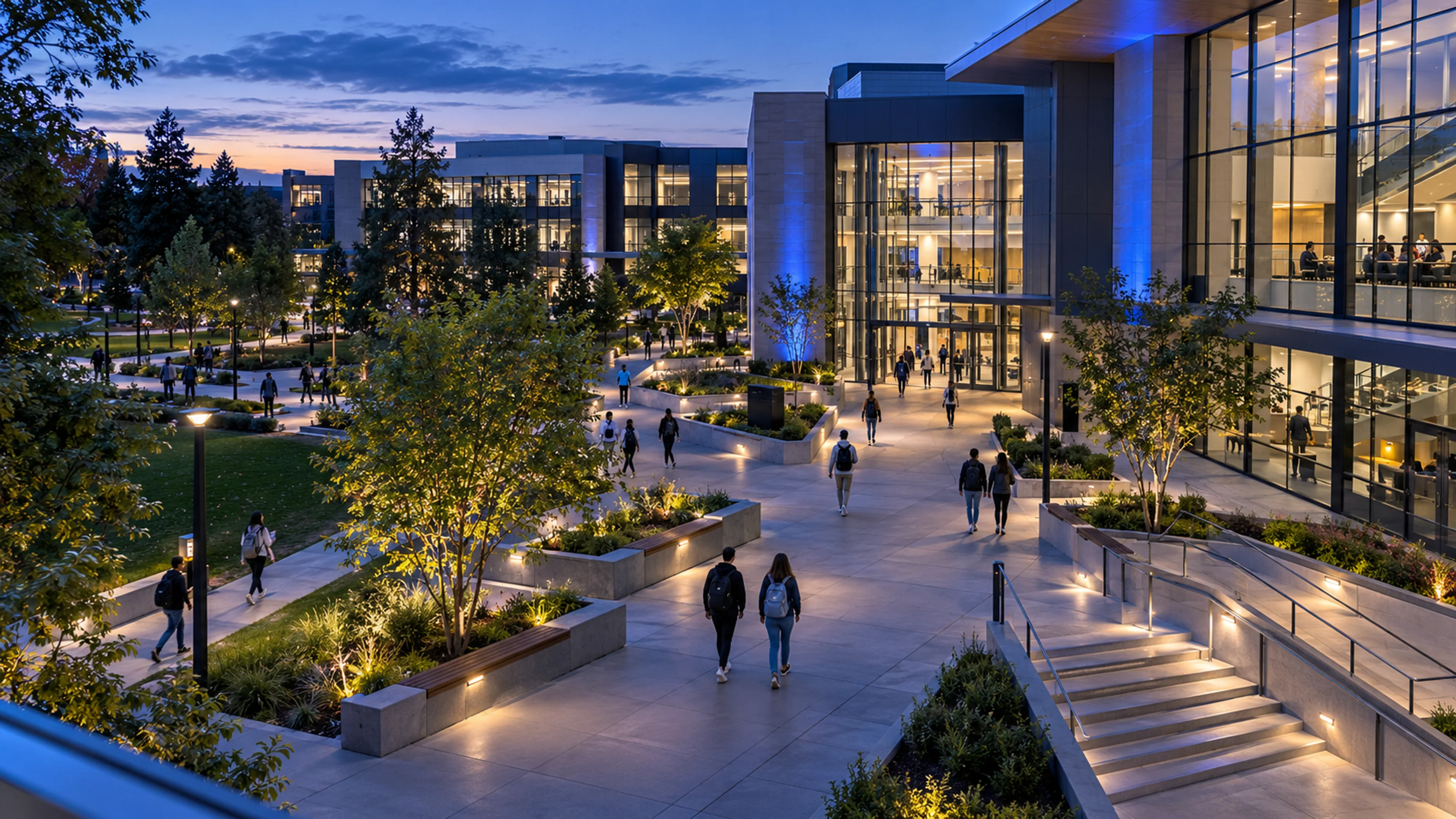 University entrance courtyard with illuminated pedestrian paths and adult students