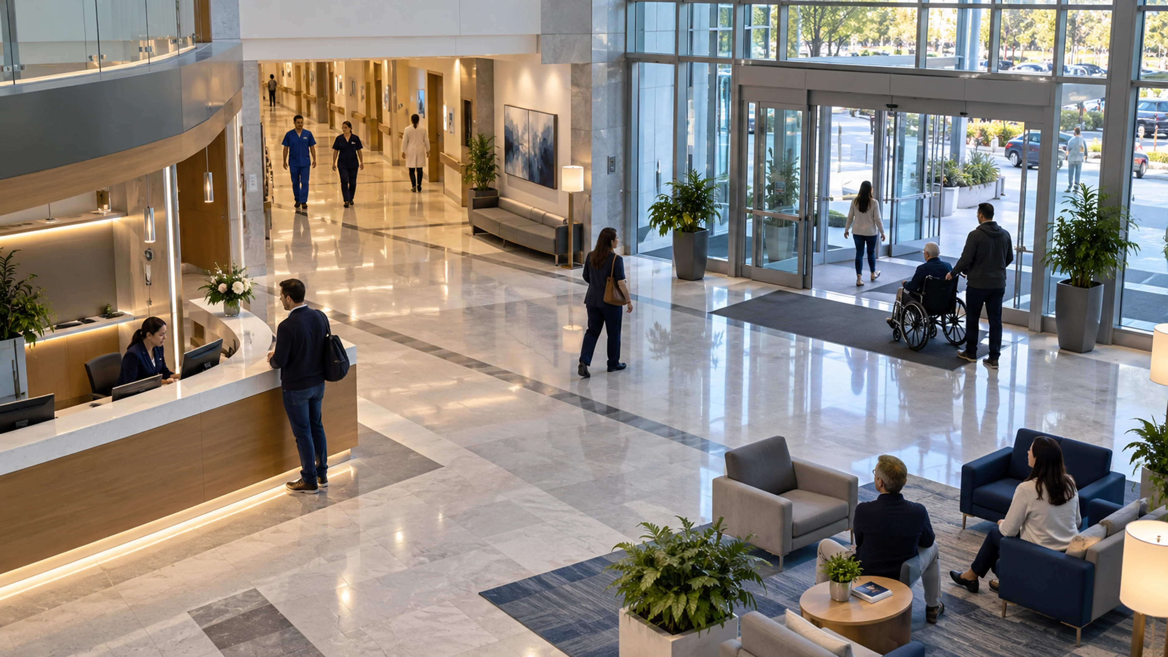 Hospital public entrance and reception area with staff and visitors