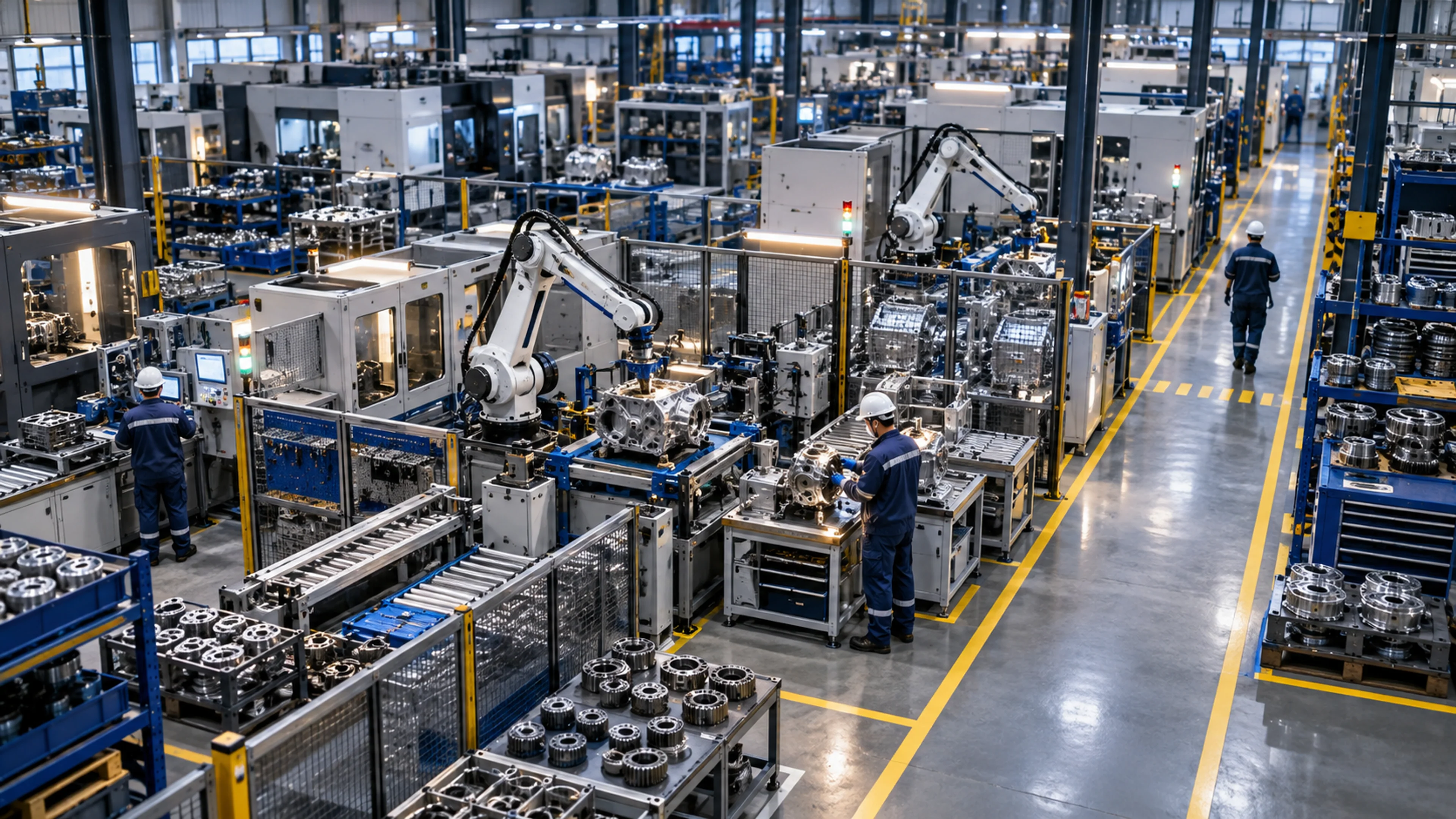 Precision manufacturing floor with assembly equipment and technicians in protective workwear
