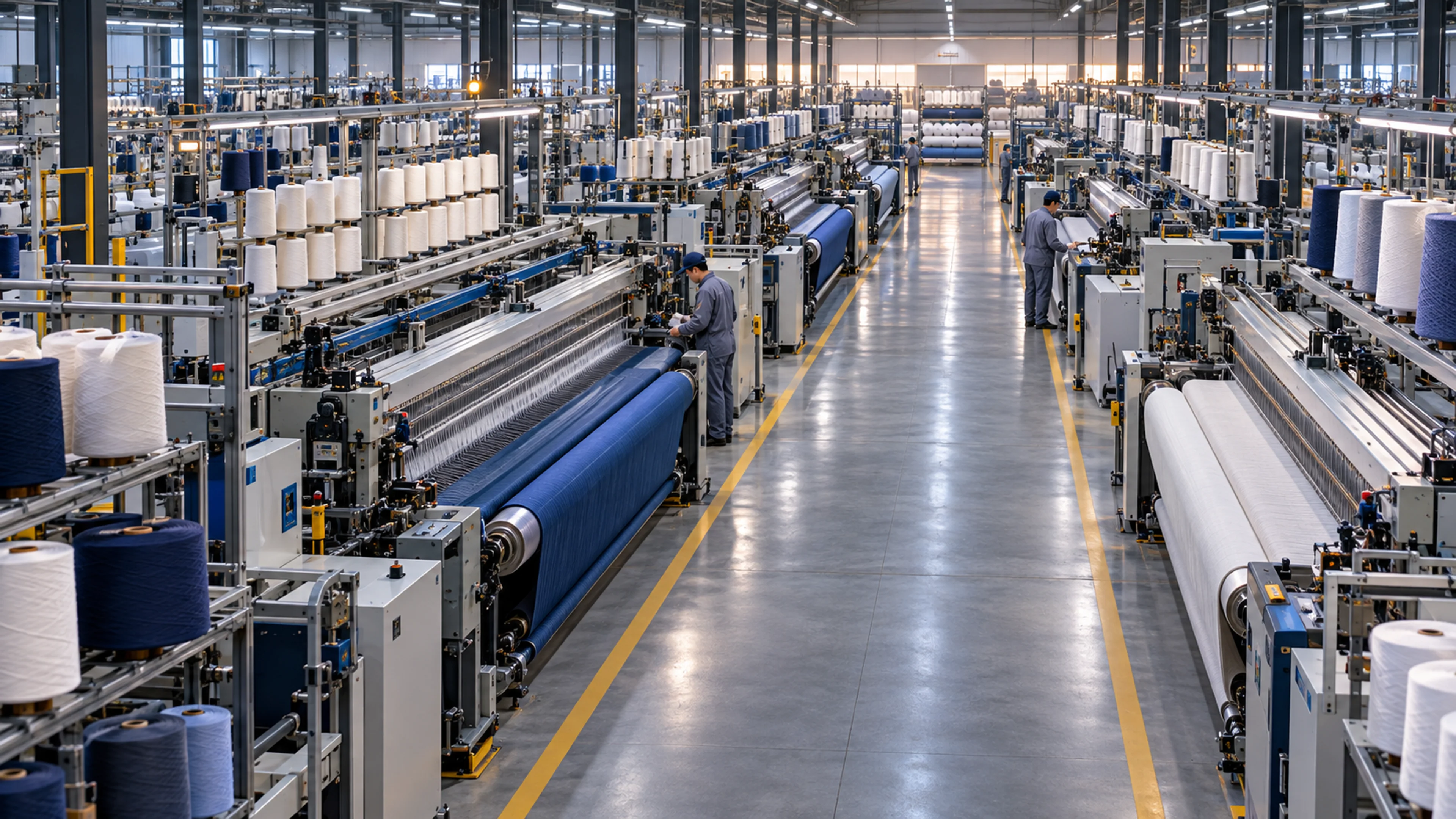 Textile production floor with rows of weaving machines, fabric rolls, and operators